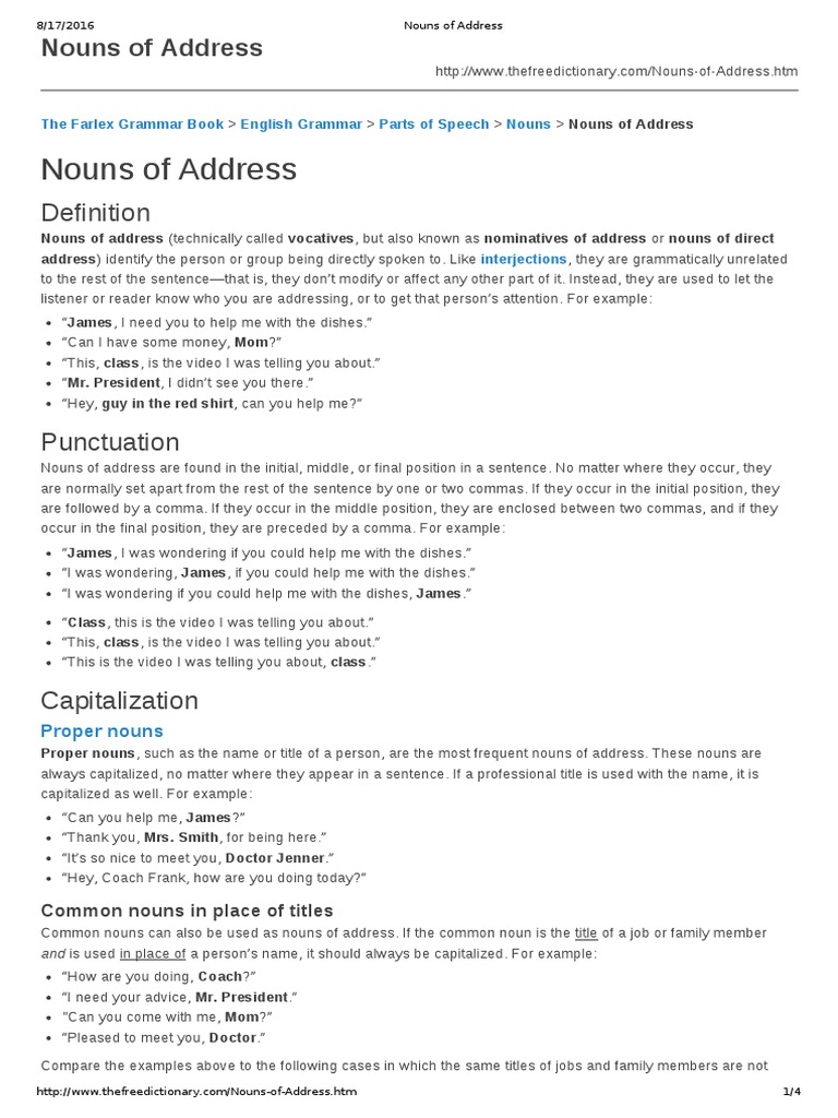 Nouns of Address PDF Noun Comma