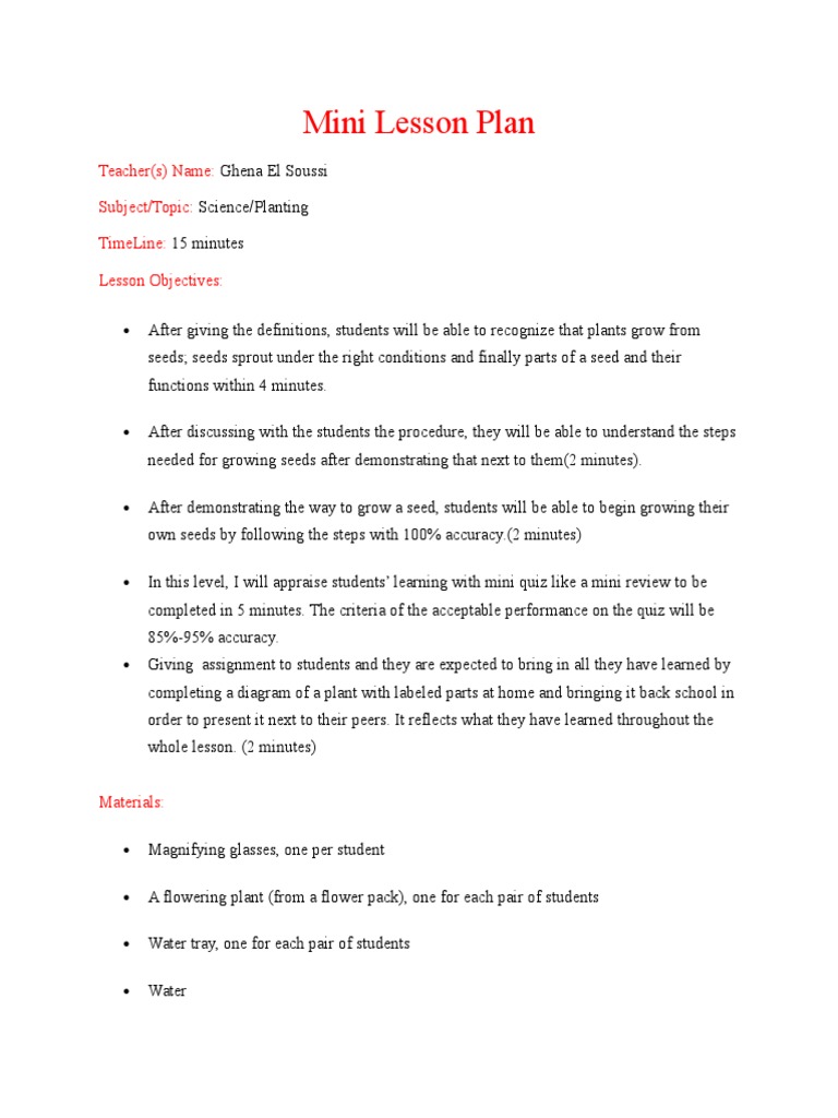 Mini Lesson Plan Teacher(S) Name Subject/Topic Timeline Lesson
