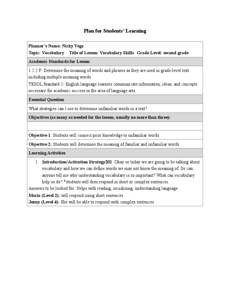 Su Plan For Students Learning - Template 2015 2 | PDF | Vocabulary ...