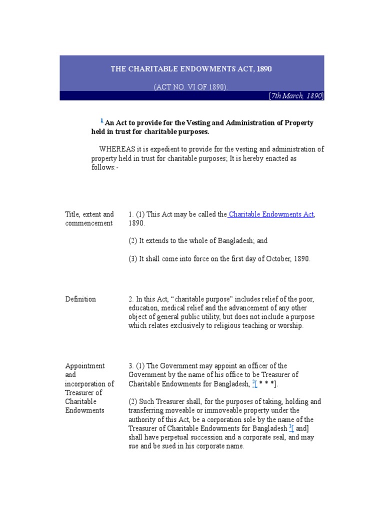 The Charitable Endowments Act, 1890 PDF