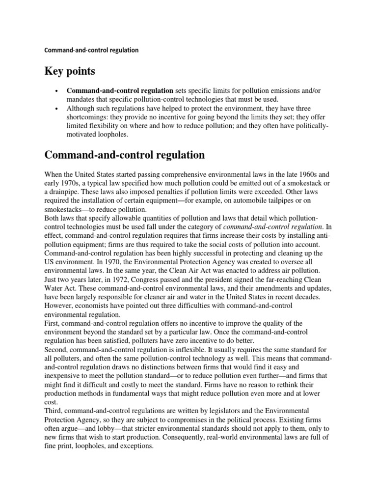 Command and Control Regulation PDF Environmental Law Pollution