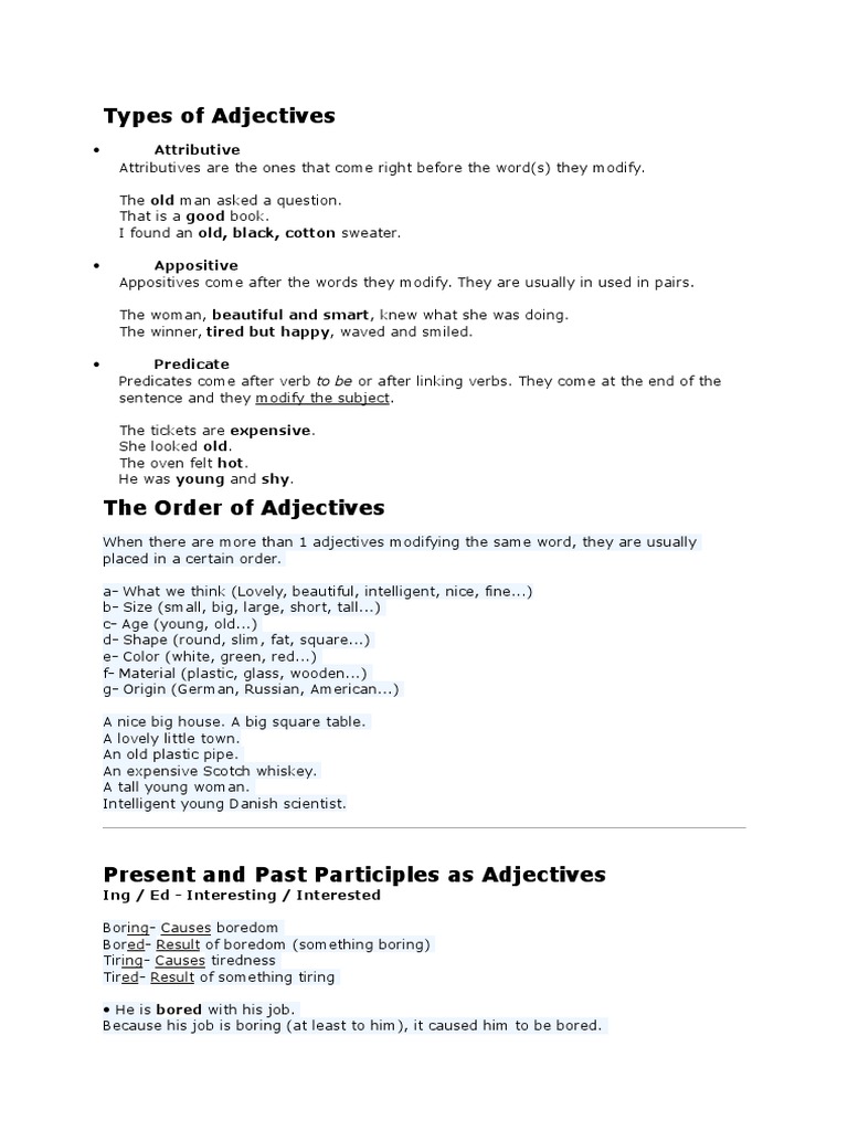 Types of Adjectives | PDF | Adverb | Adjective