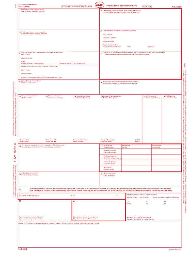 Formular Cmr International Pdf Transport De Marchandises Droit Des Obligations