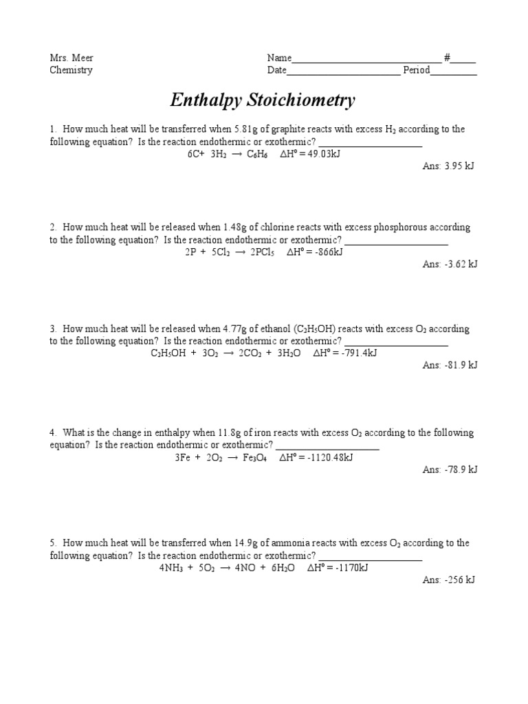 Enthalpy Stoichiometry | PDF | Chemical Reactions | Branches Of  Thermodynamics