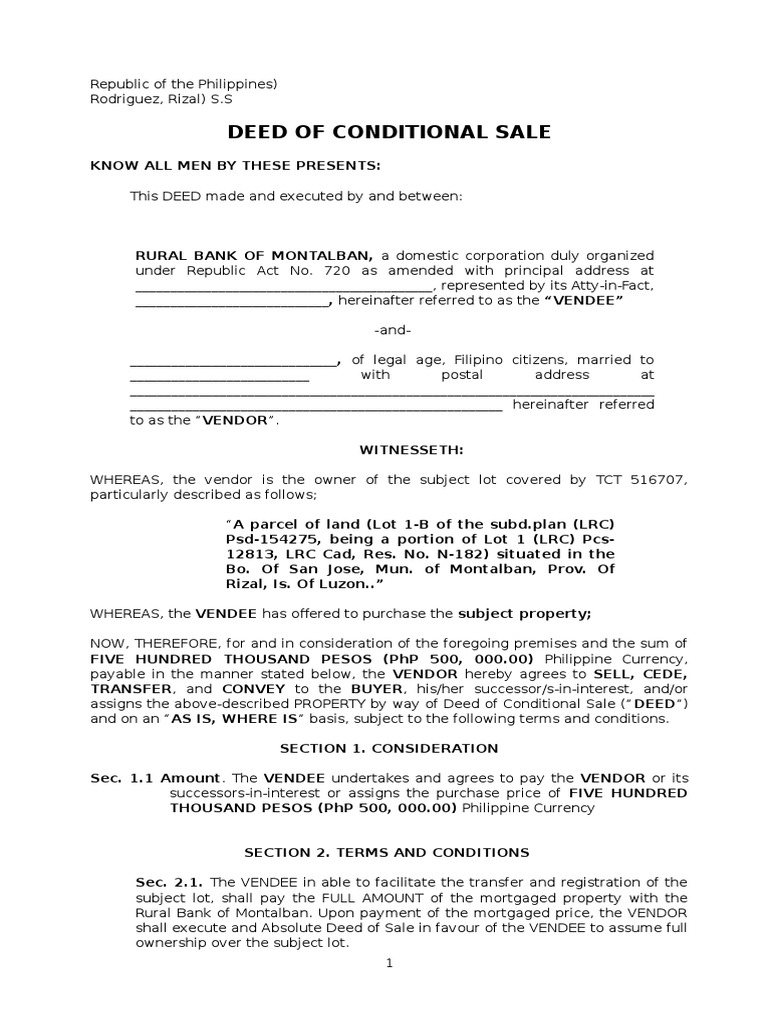 Deed of Conditional Sale Assignment (Law) Deed