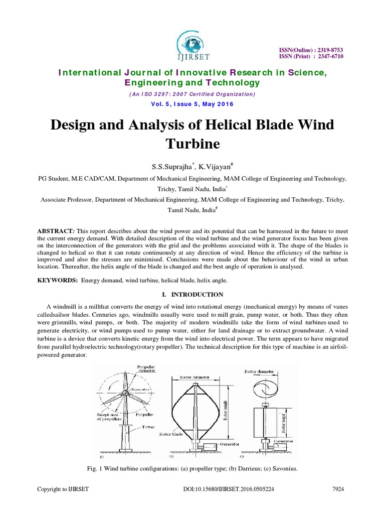 Design and Analysis of Helical Blade Wind Turbine | PDF