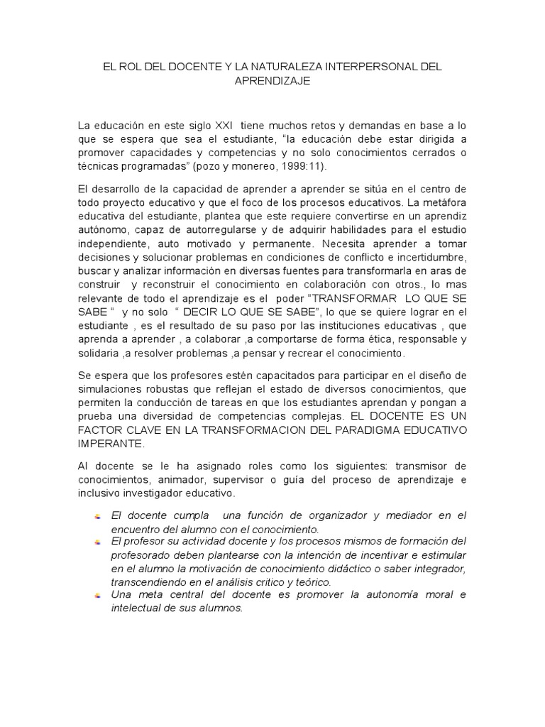 Rol del Docente en el Aprendizaje Interpersonal | PDF | Maestros ...