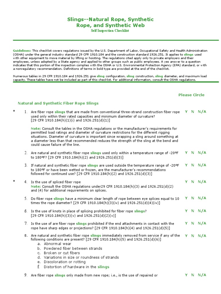 OSHA Self Inspection Checklist for Slings PDF