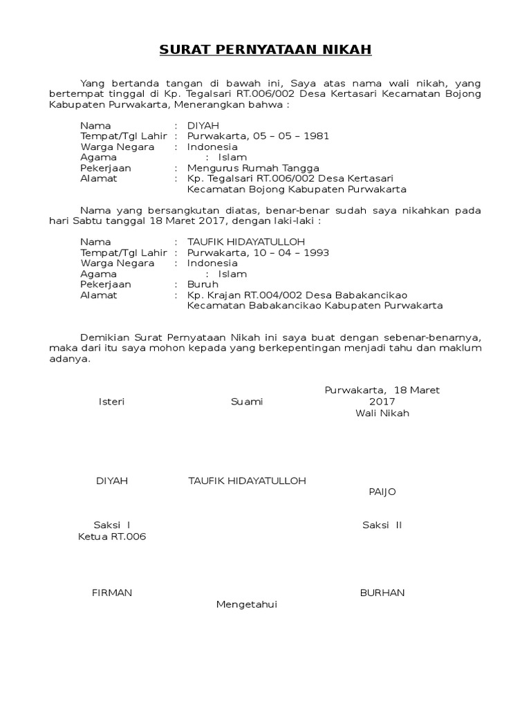 Surat Pernyataan Nikah