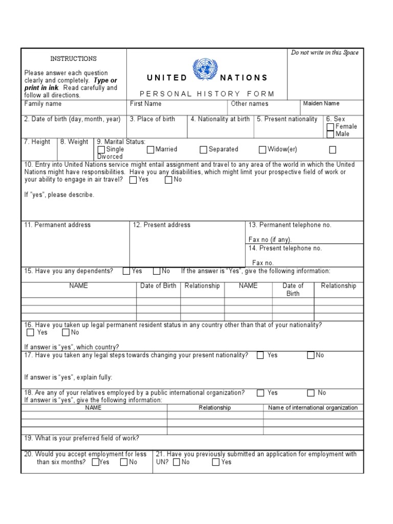 UN Personal History Form Instructions | PDF | Employment | Apprenticeship