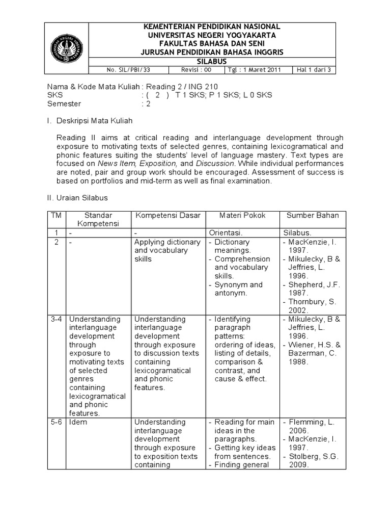 Reading II Course Syllabus Overview | PDF | Reading (Process) | Human ...