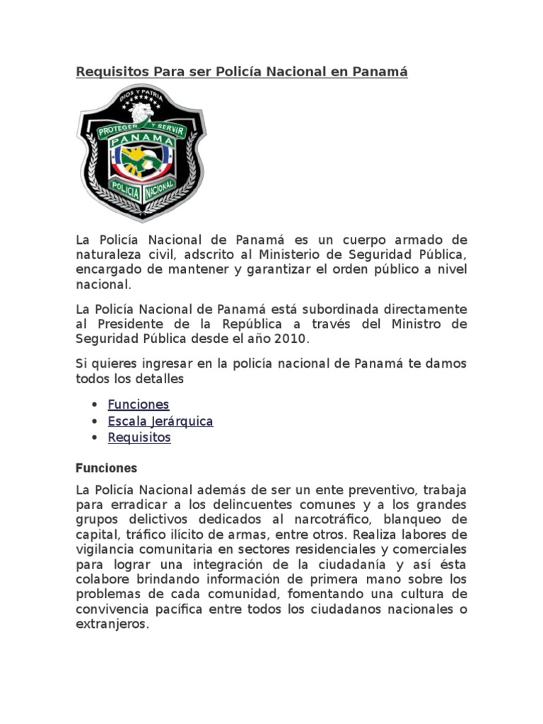 Requisitos Para Ser Policía Nacional en Panamá Policía Gobierno