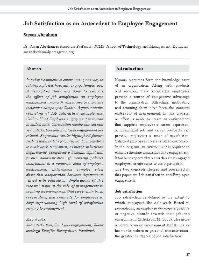 Job Satisfaction As An Antecedent | PDF | Job Satisfaction | Student's ...