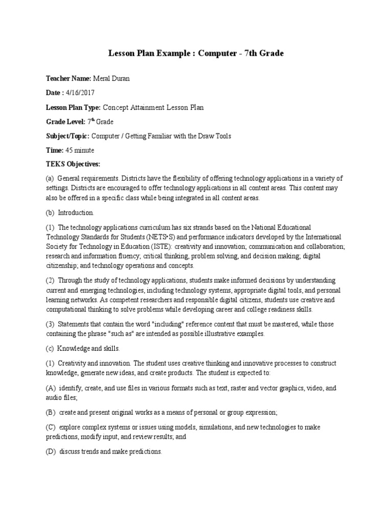 Lesson Plan Example: Computer - 7th Grade | PDF | Lesson Plan | Creativity