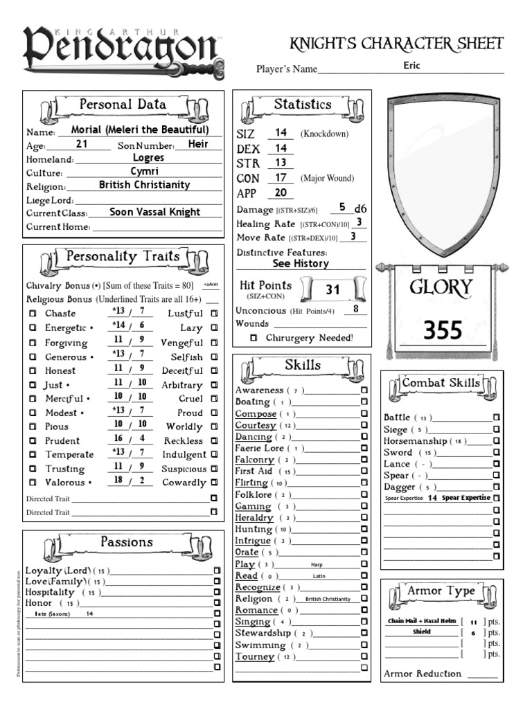 Pendragon 6E Character Sheet Template | PDF
