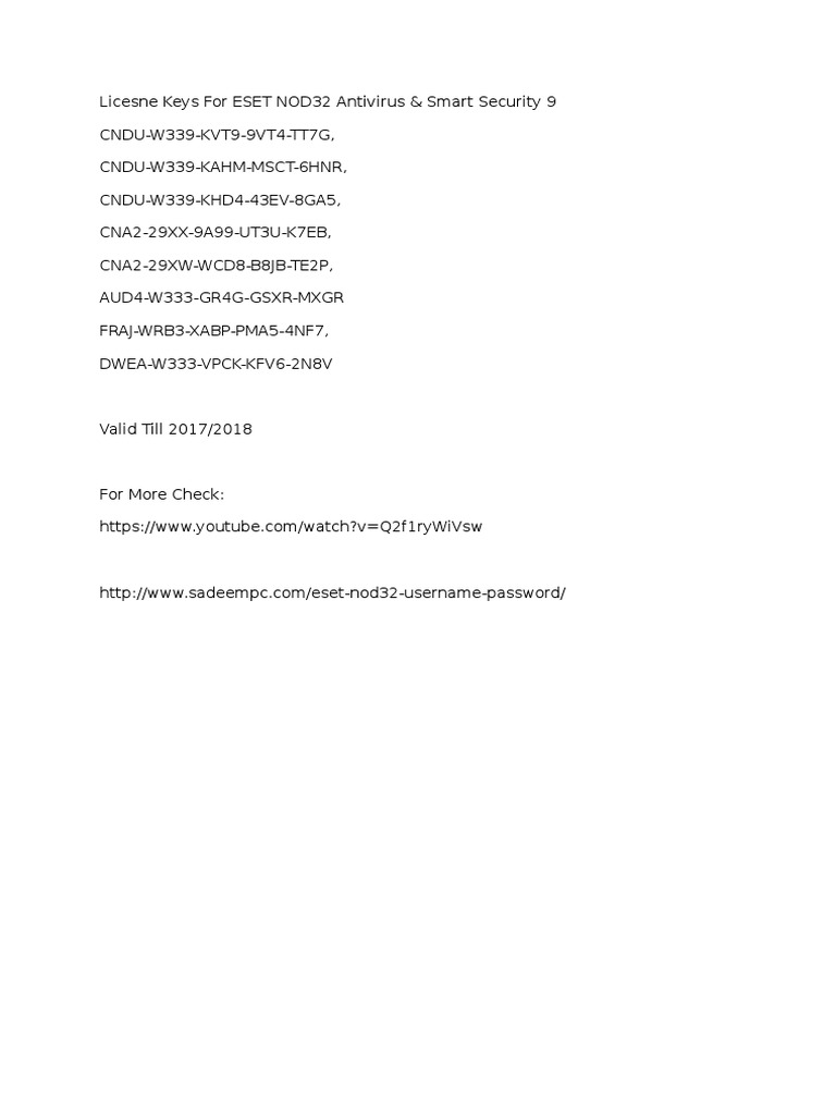 Licesne Keys For ESET NOD32 Antivirus | PDF