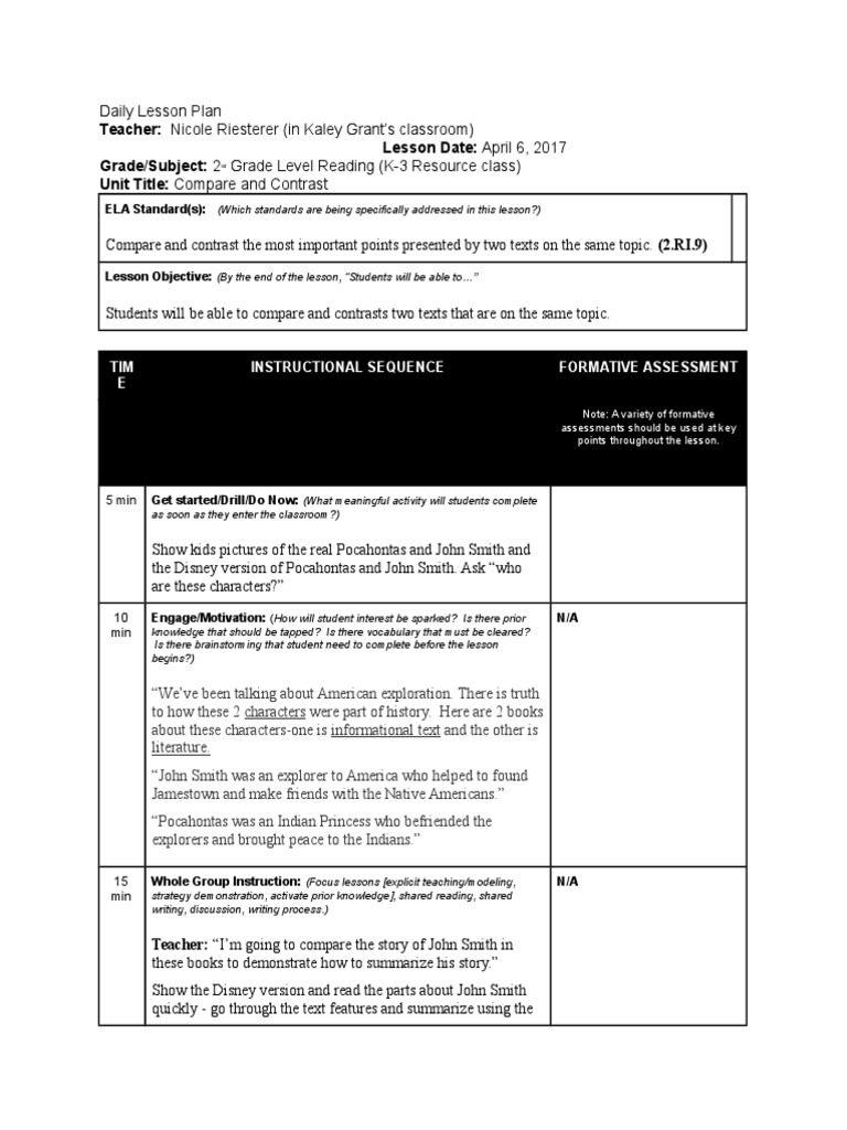 Compare And Contrast Lesson Plan Lesson Plan Educational Assessment