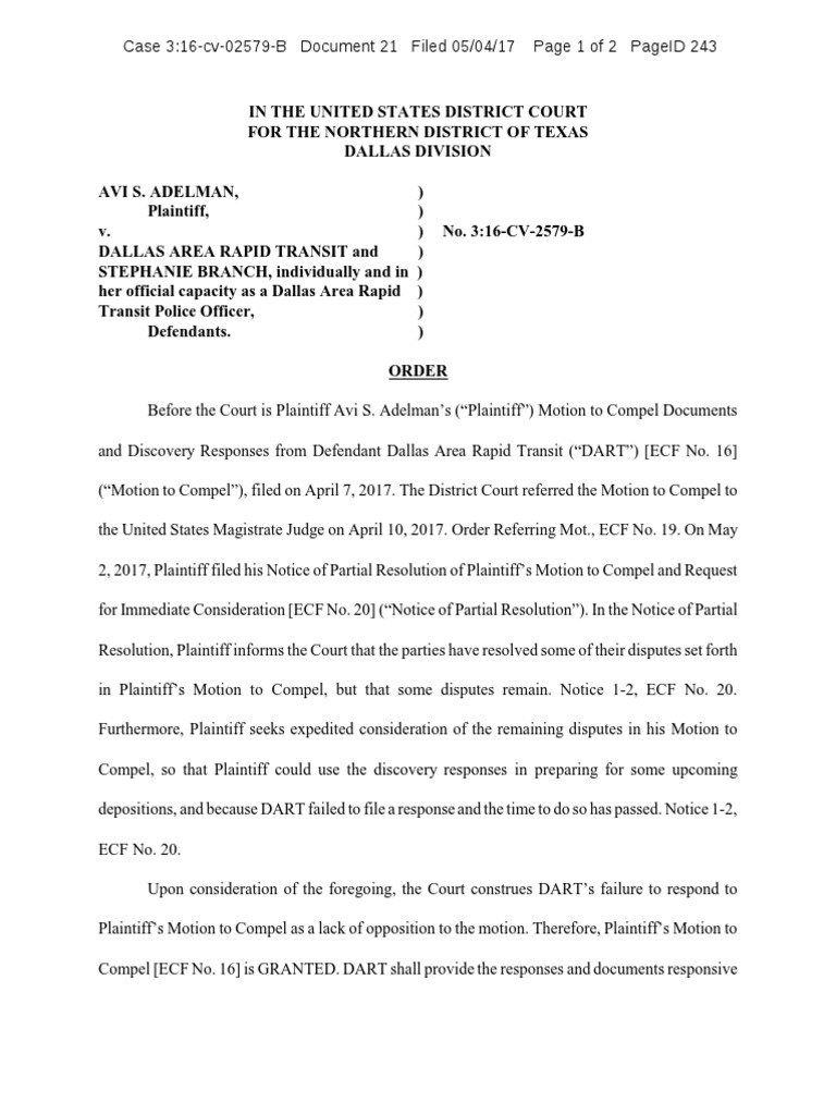 Order Granting Motion To Compel Against DART | PDF | Motion To Compel