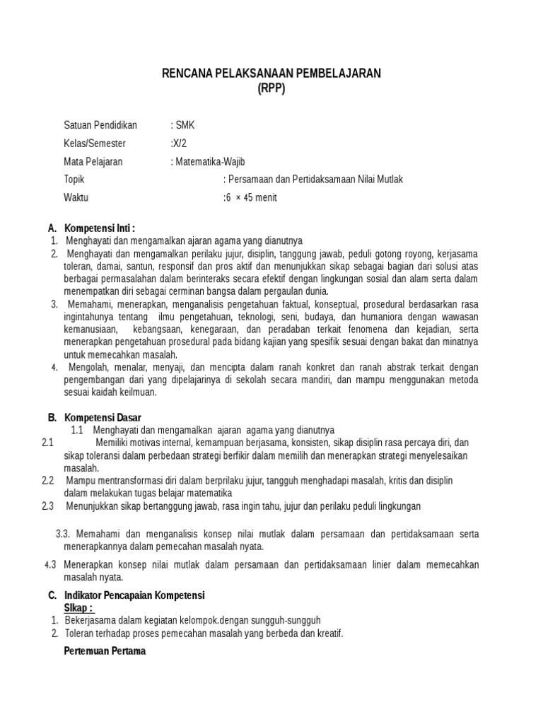 Rpp Persamaan Dn Pertidaksamaan Nilai Mutlak