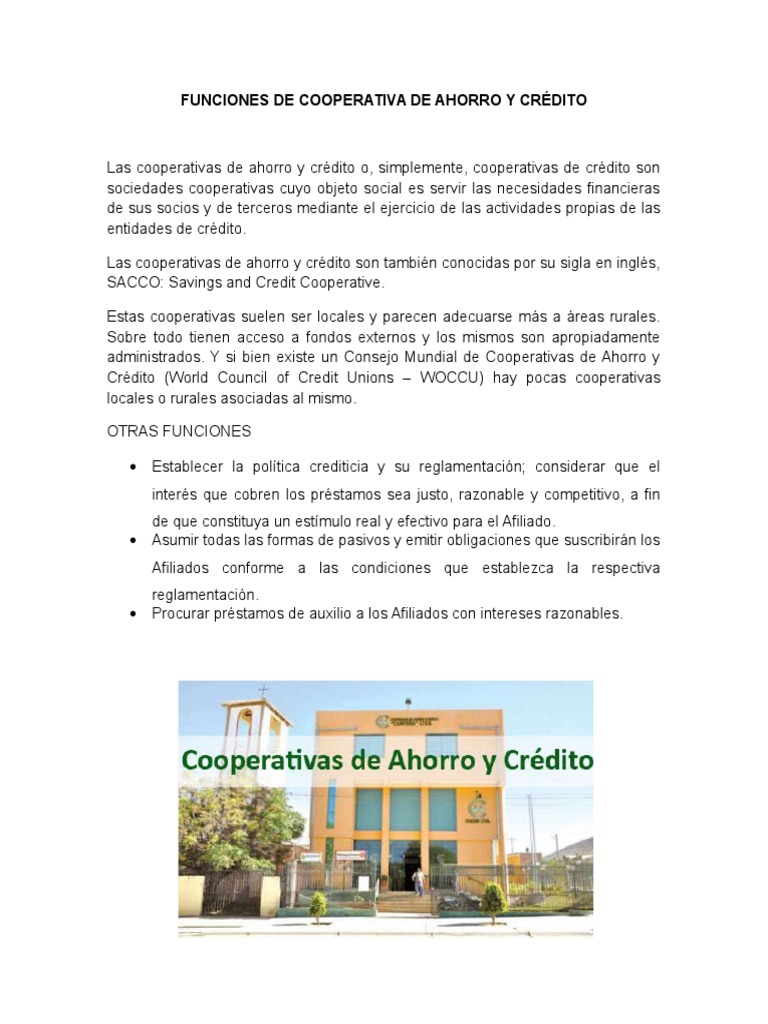 Funciones de Cooperativa de Ahorro y Crédito | PDF | Cooperativa ...