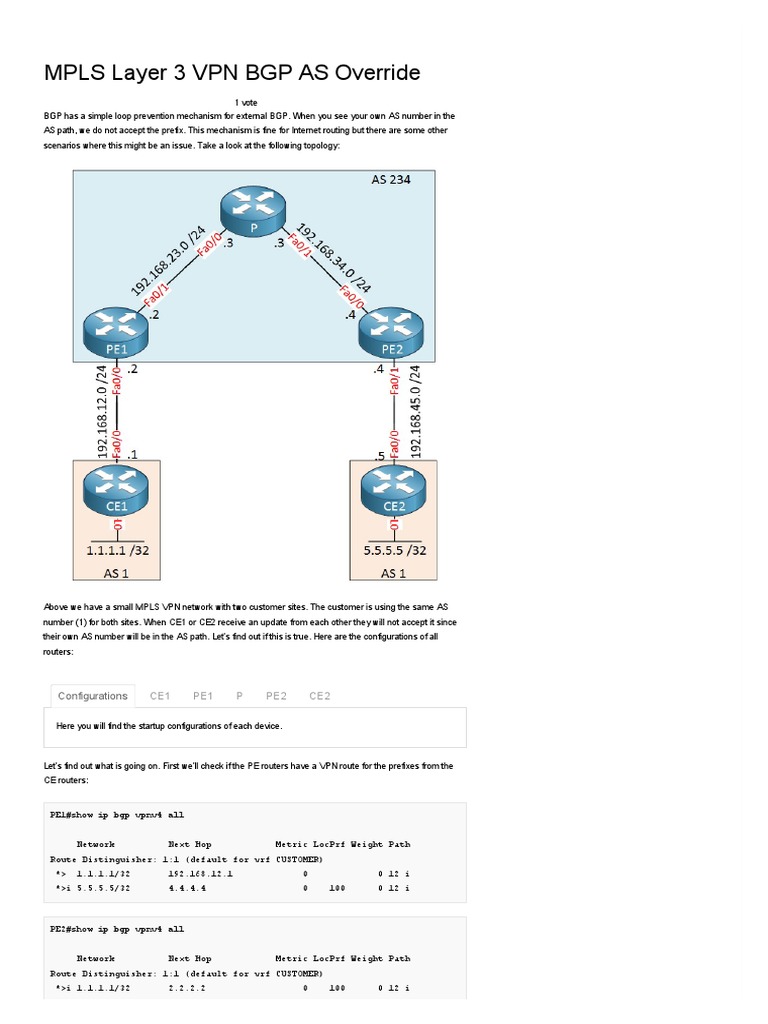 MPLS VPN BGP AS Override Explained | PDF | Virtual Private Network ...