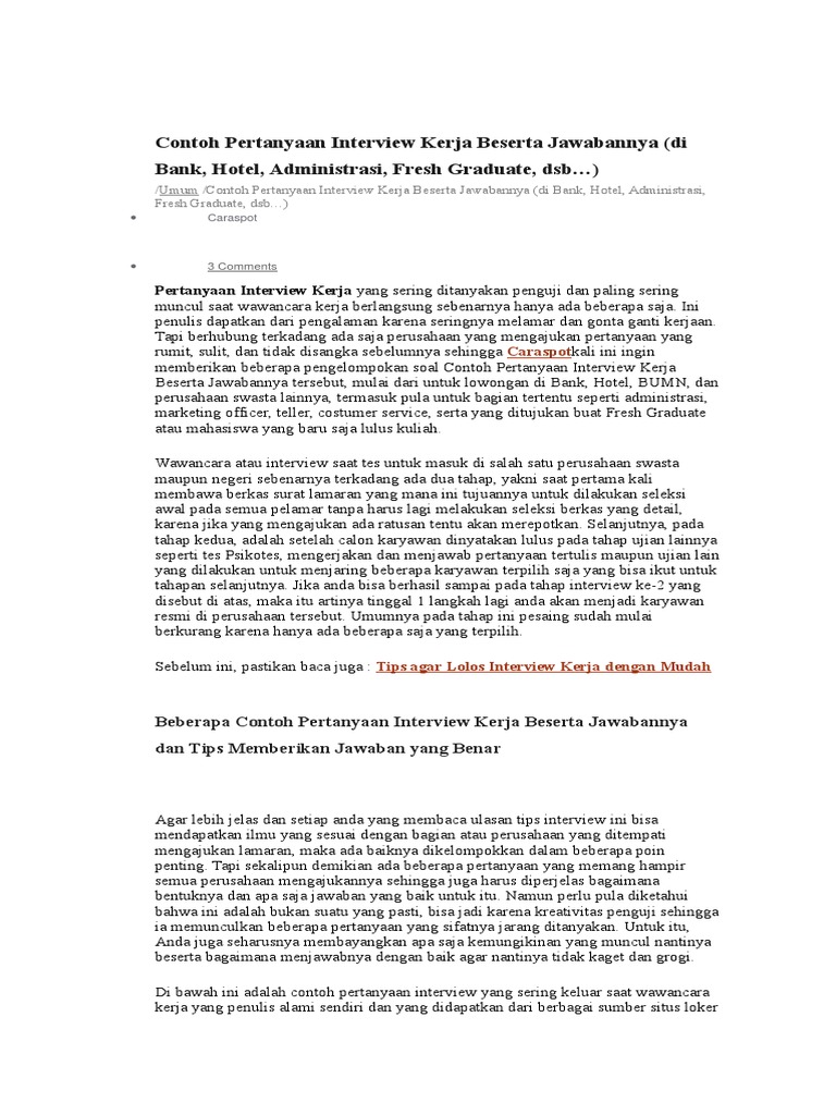 Contoh Pertanyaan Interview Kerja Beserta Jawabannya Pdf