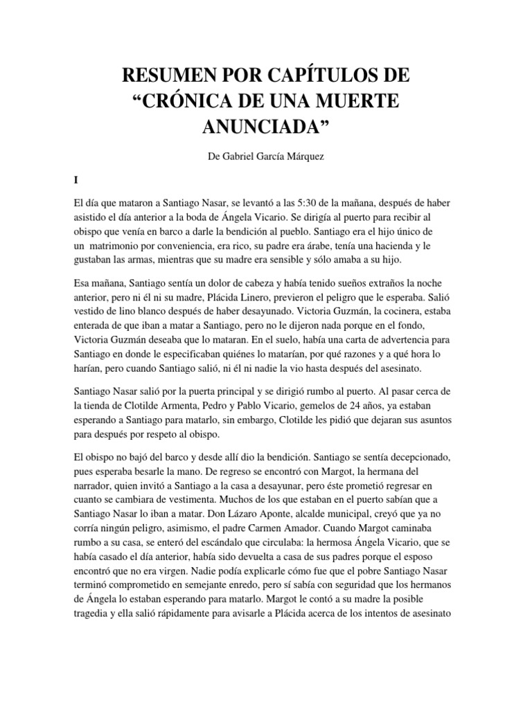 Resumen Por Cap Cronica De Una Muerte Anunciada Santiago Cristo