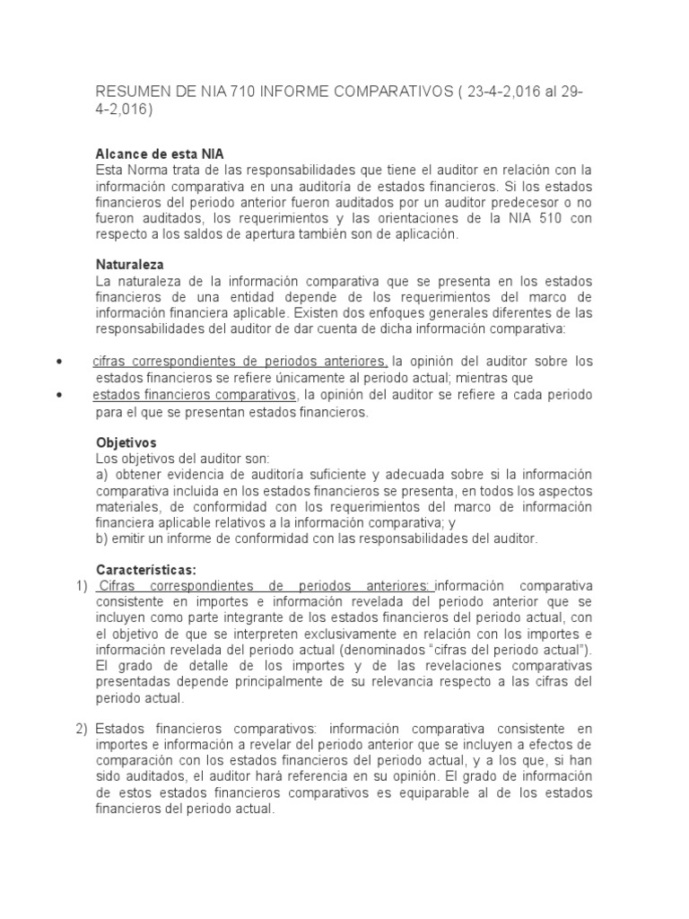 Resumen de Nia 710 Informe Comparativos | PDF | Contralor | Auditoría ...
