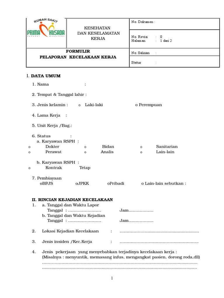 Formulir Pelaporan Kecelakaan Kerja Pdf