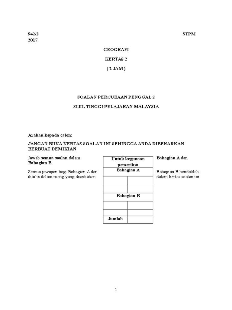 SOALAN PERCUBAAN GEOGRAFI PENGGAL 2 STPM 2017 - TERENGGANU 