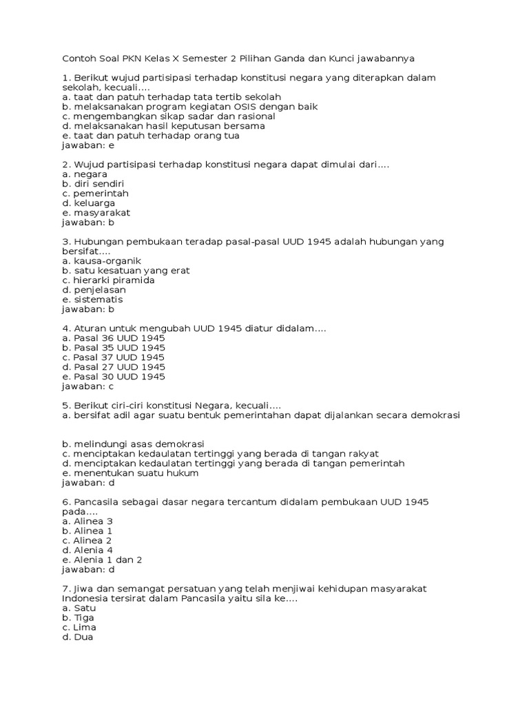 Contoh Soal Pkn Kelas X Semester 2 Pilihan Ganda Dan Kunci Jawabannya