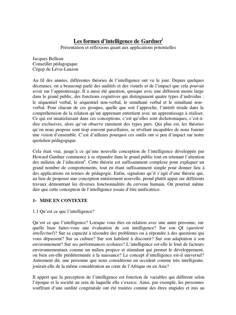 Les formes d'intelligence selon Gardner | PDF | Psychologie du ...