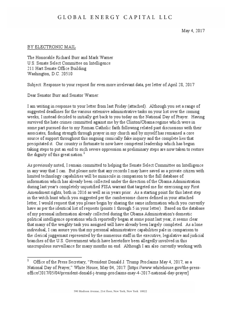 Senate Intelligence Committee Letter To Carter Page | PDF | Presidency ...