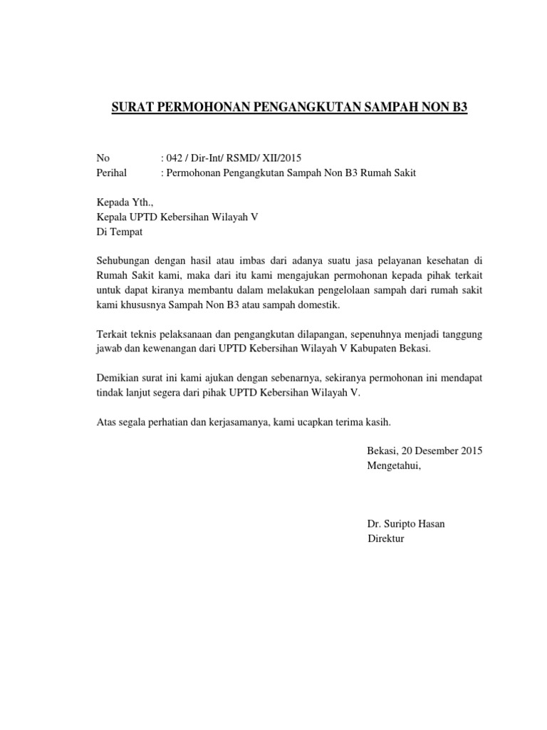 Contoh Surat Permohonan Buang Sampah