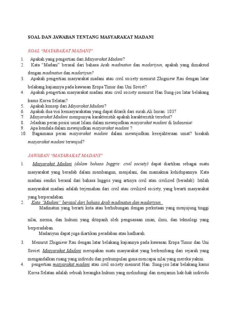 Soal Agama Materi Masyarakat Madani Dan Kerukunan