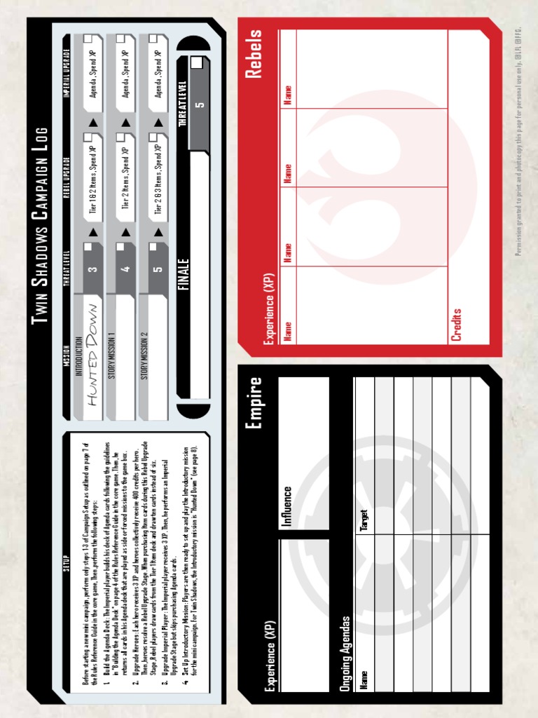 Imperial Assault Twin Shadows Campaign Log PDF | PDF