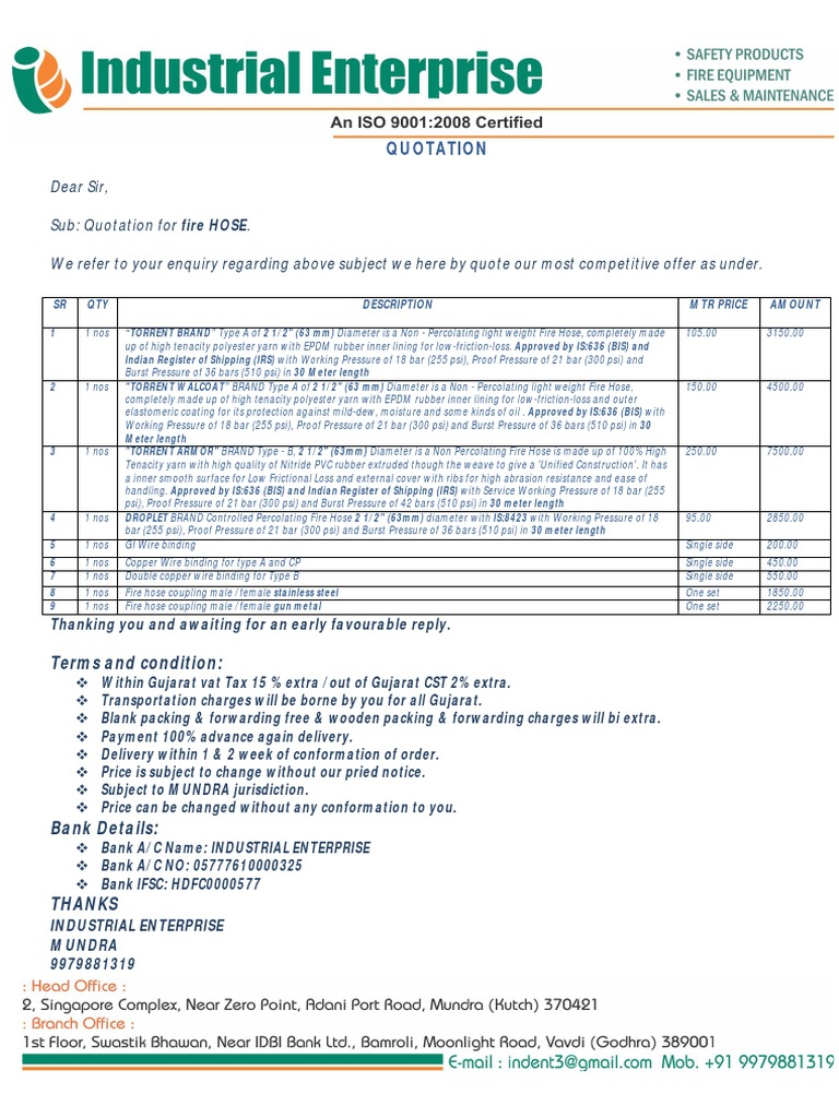 Fire Hose Quotation Details | PDF