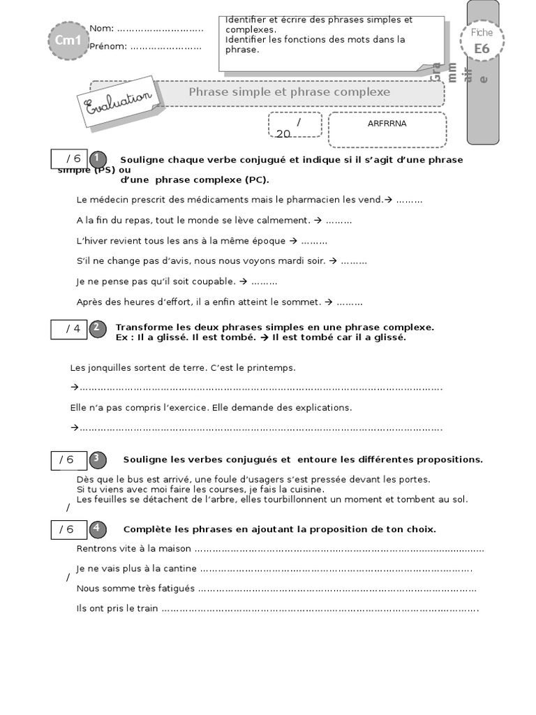 Exercice Sur La Phrase Cm1 à Imprimer Cm1 Evaluation Phrase Complexe | PDF | Phrase | Style (fiction)