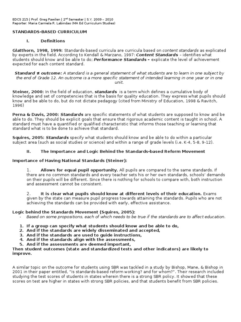 StandardBased Curriculum report handout Educational Assessment Curriculum