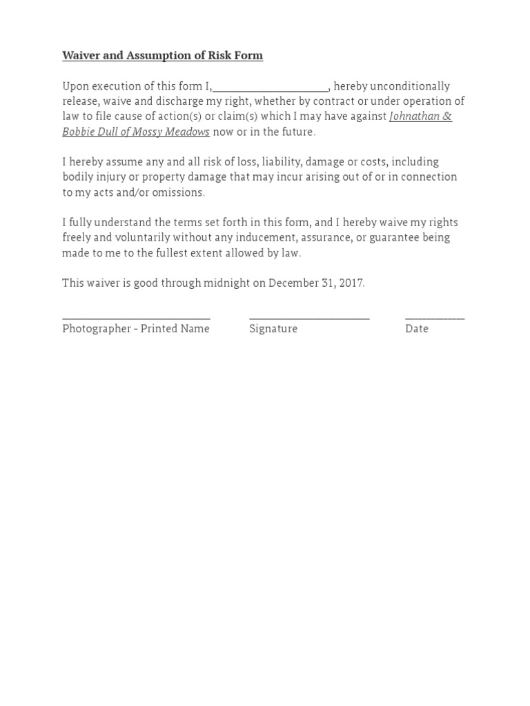Photographer Waiver and Assumption of Risk Form Mossy Meadows PDF | PDF ...