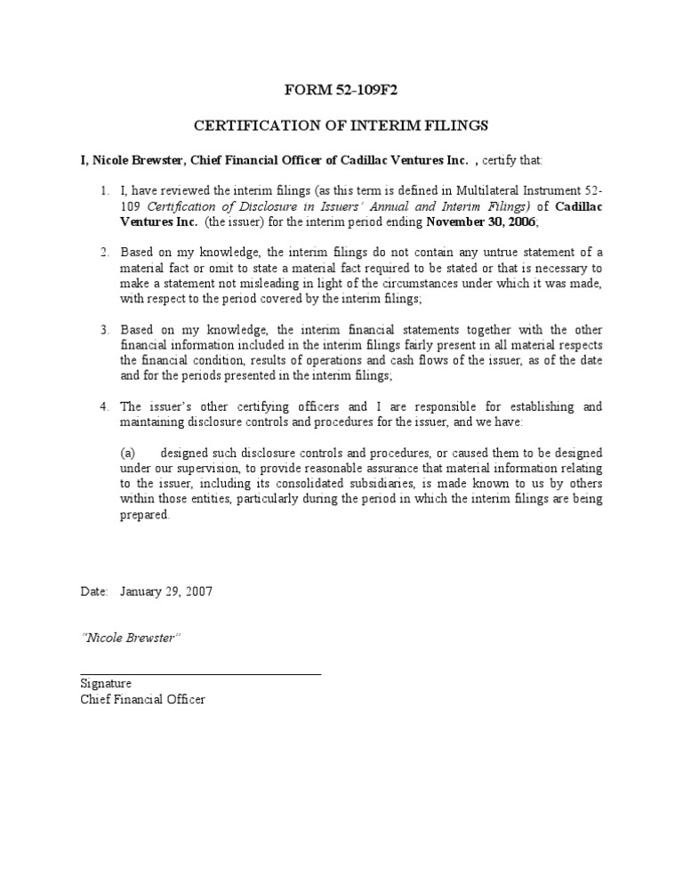 Cadillac Ventures Interim Filing Certification | PDF