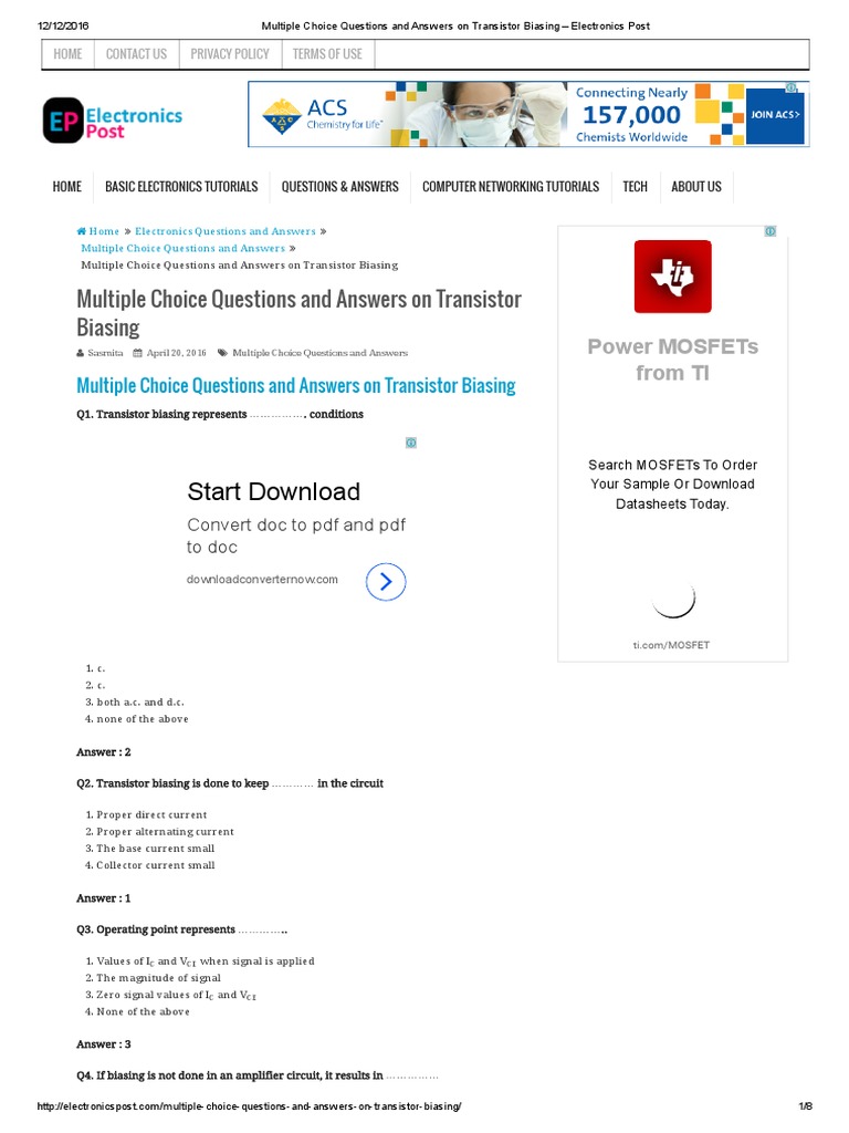 Multiple Choice Questions and Answers On Transistor Biasing