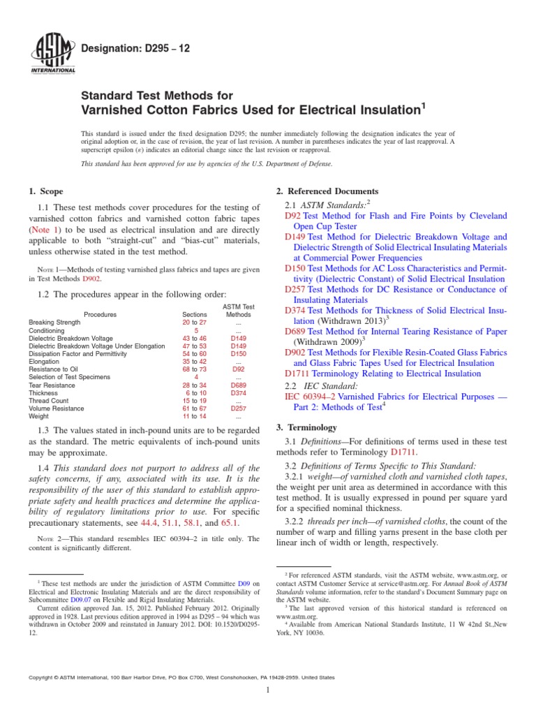 D29512 Standard Test Methods For Varnished Cotton Fabrics Used For