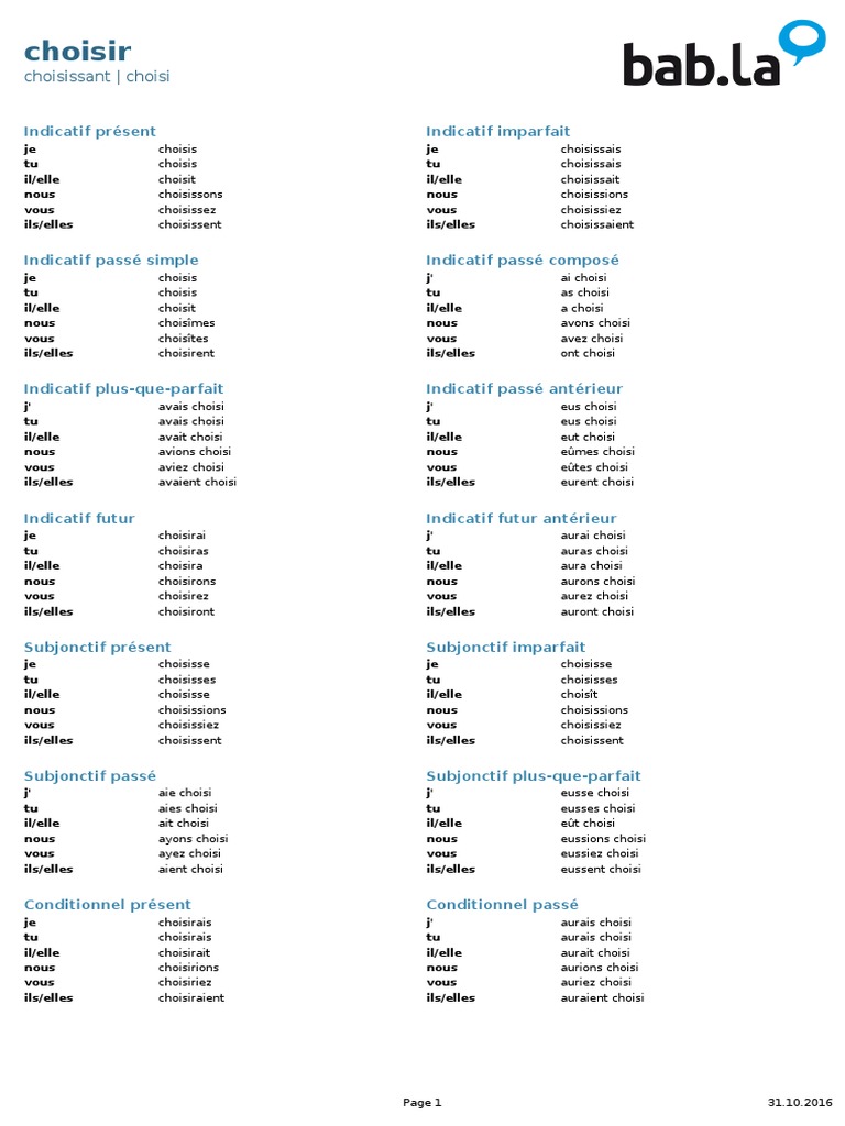 Le Verbe Choisir Au Présent De L indicatif Choisir PDF | PDF | Morphologie | Langues en Europe