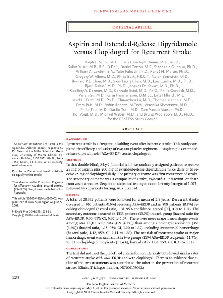 Aspirin and ExtendedRelease Dipyridamole Stroke Myocardial Infarction