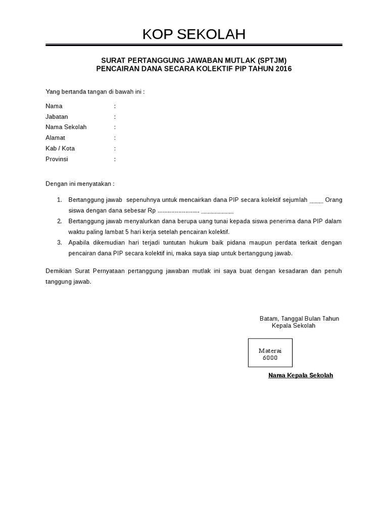 Contoh Surat Keterangan Tanggungjawab Mutlak Orang Tua 