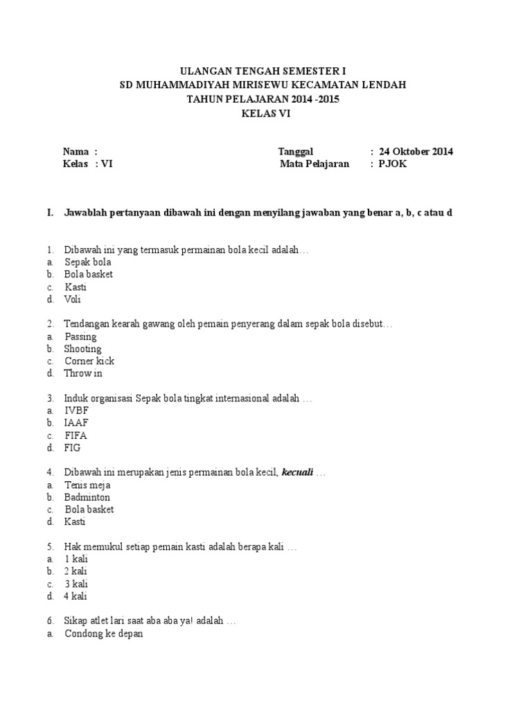 Soal Uts Penjaskes Sd 6