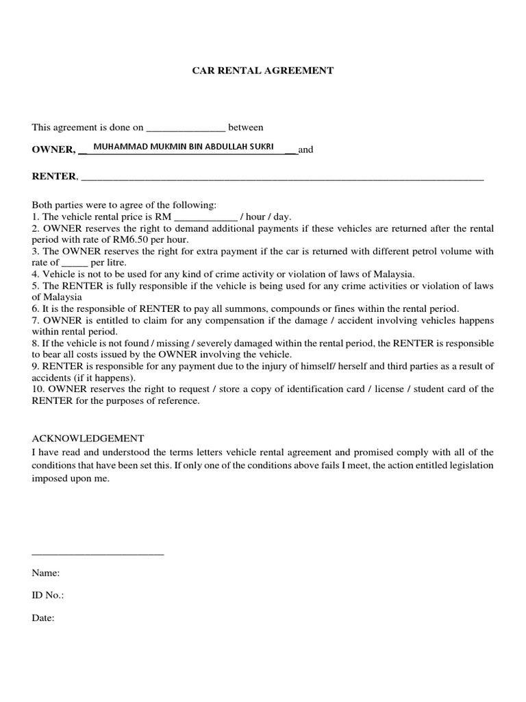 Car Rental Agreement Template Malaysia | PDF | Business