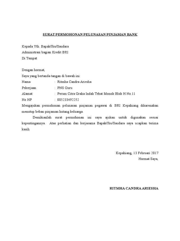 Contoh Surat Permohonan Tambah Kredit