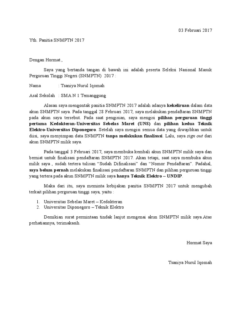 Surat Permohonan Tindak Lanjut Snmptn